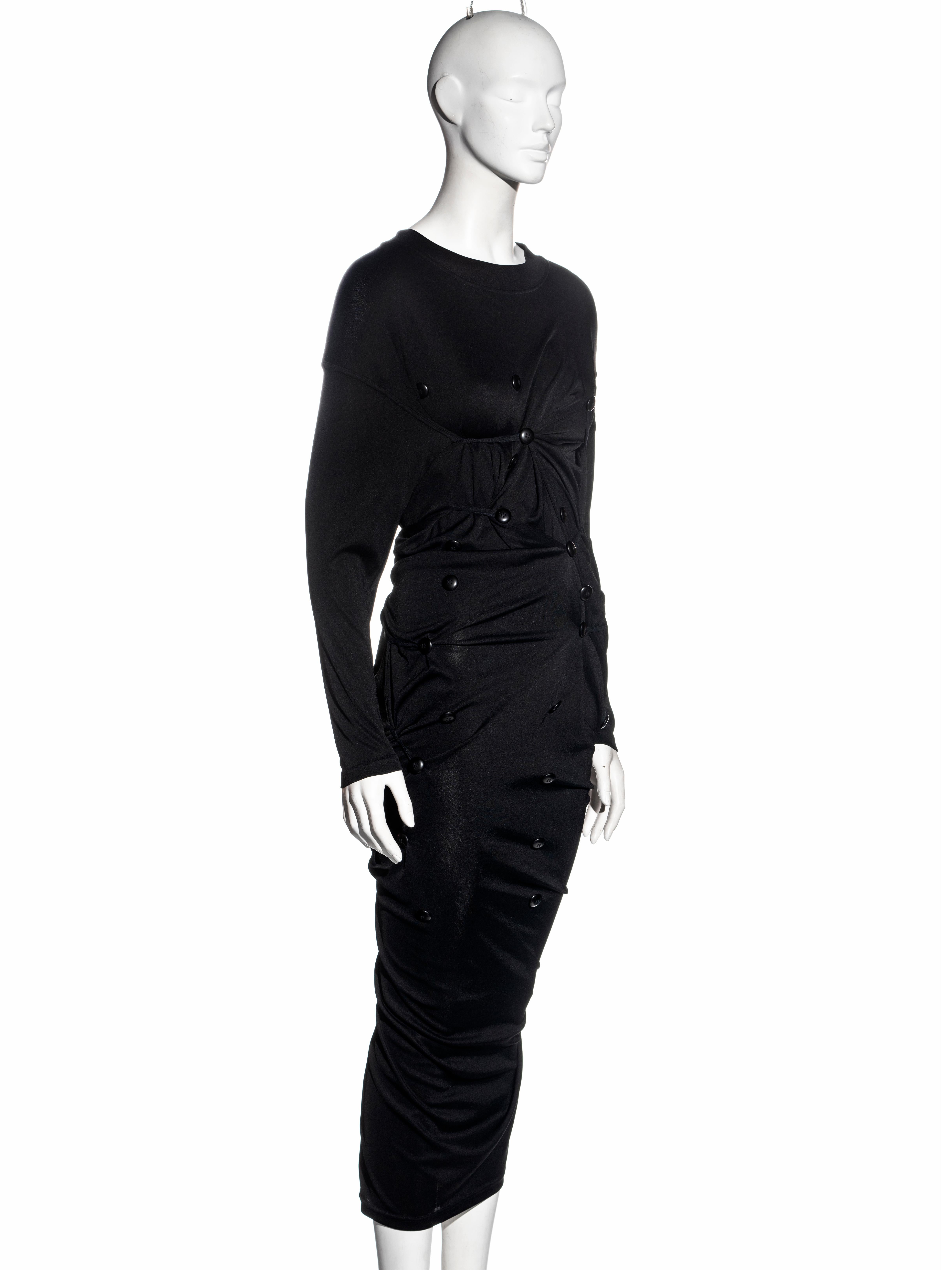Women's Dolce & Gabbana black jersey maxi dress with adjustable button closures, fw 1987 For Sale