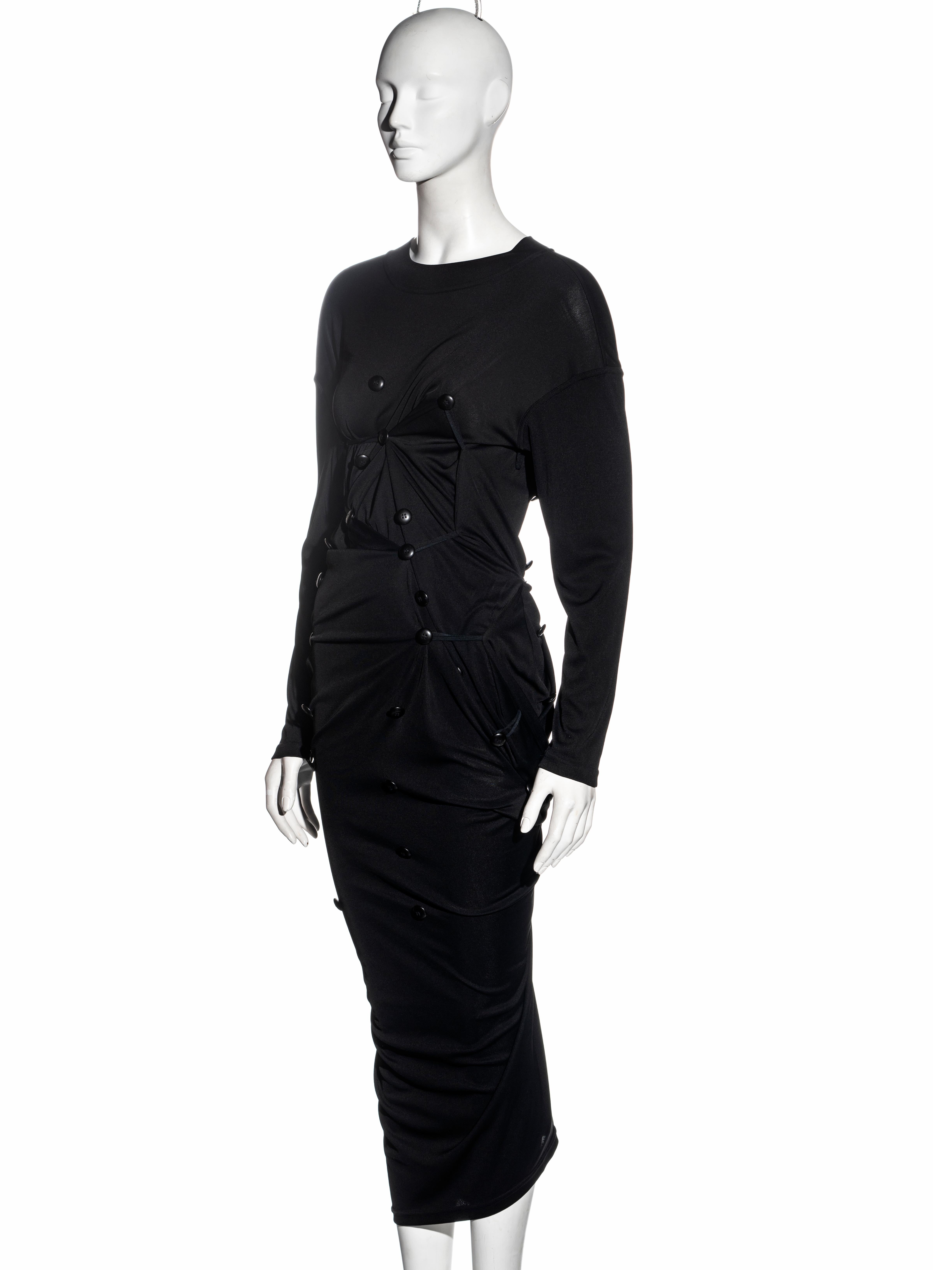 Dolce & Gabbana black jersey maxi dress with adjustable button closures, fw 1987 For Sale 1