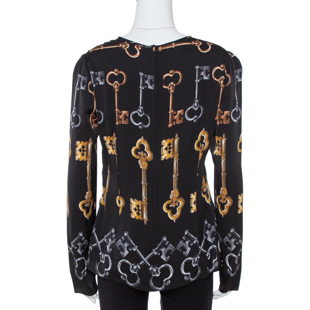 Dolce & Gabbana Black Key Print Silk Long Sleeve Blouse L In Good Condition In Dubai, Al Qouz 2