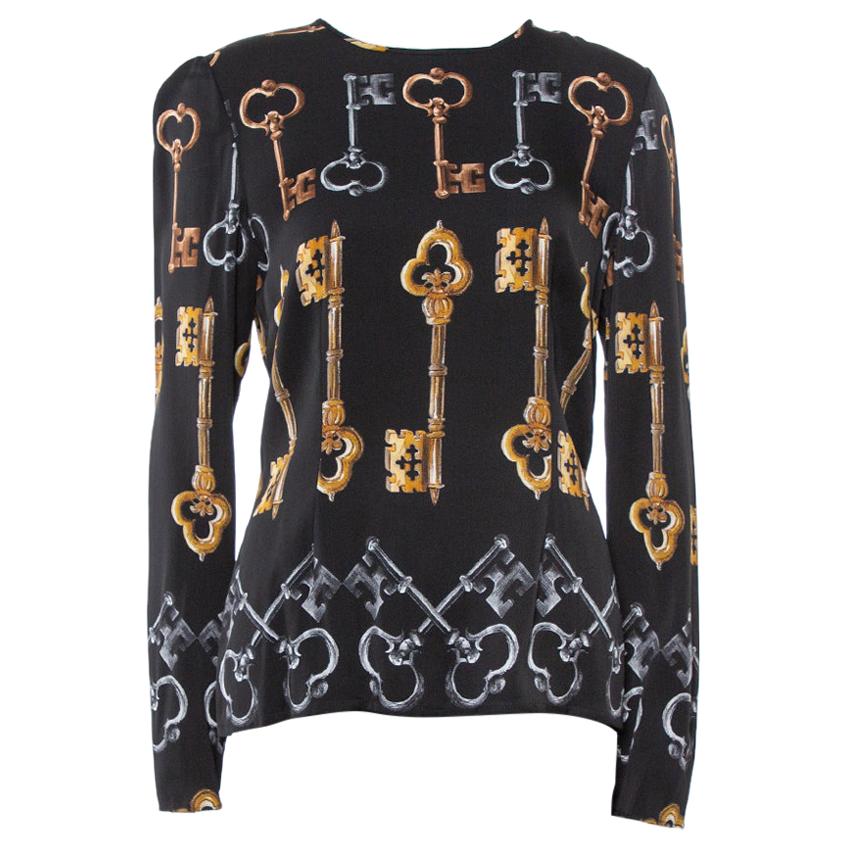 Dolce & Gabbana Black Key Print Silk Long Sleeve Blouse L