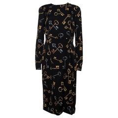 Dolce & Gabbana Black Keys Print Silk Long Sleeve Sheath Dress L
