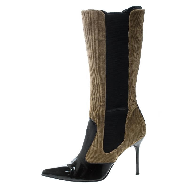 Dolce & Gabbana Black/Khaki Green Patent Leather and Corduroy Boots Size 39 1