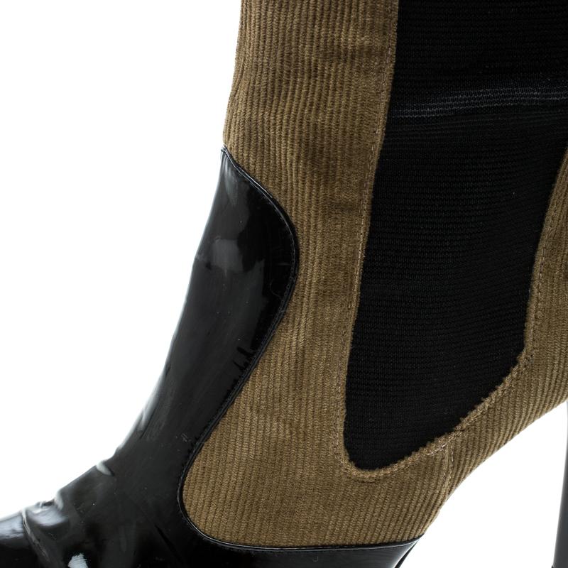 Dolce & Gabbana Black/Khaki Green Patent Leather and Corduroy Boots Size 39 2
