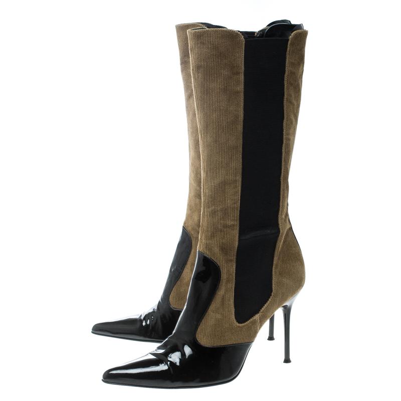 Dolce & Gabbana Black/Khaki Green Patent Leather and Corduroy Boots Size 39 3