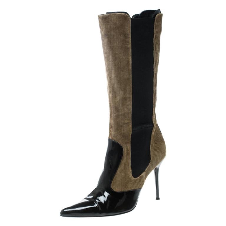 Dolce & Gabbana Black/Khaki Green Patent Leather and Corduroy Boots Size 39