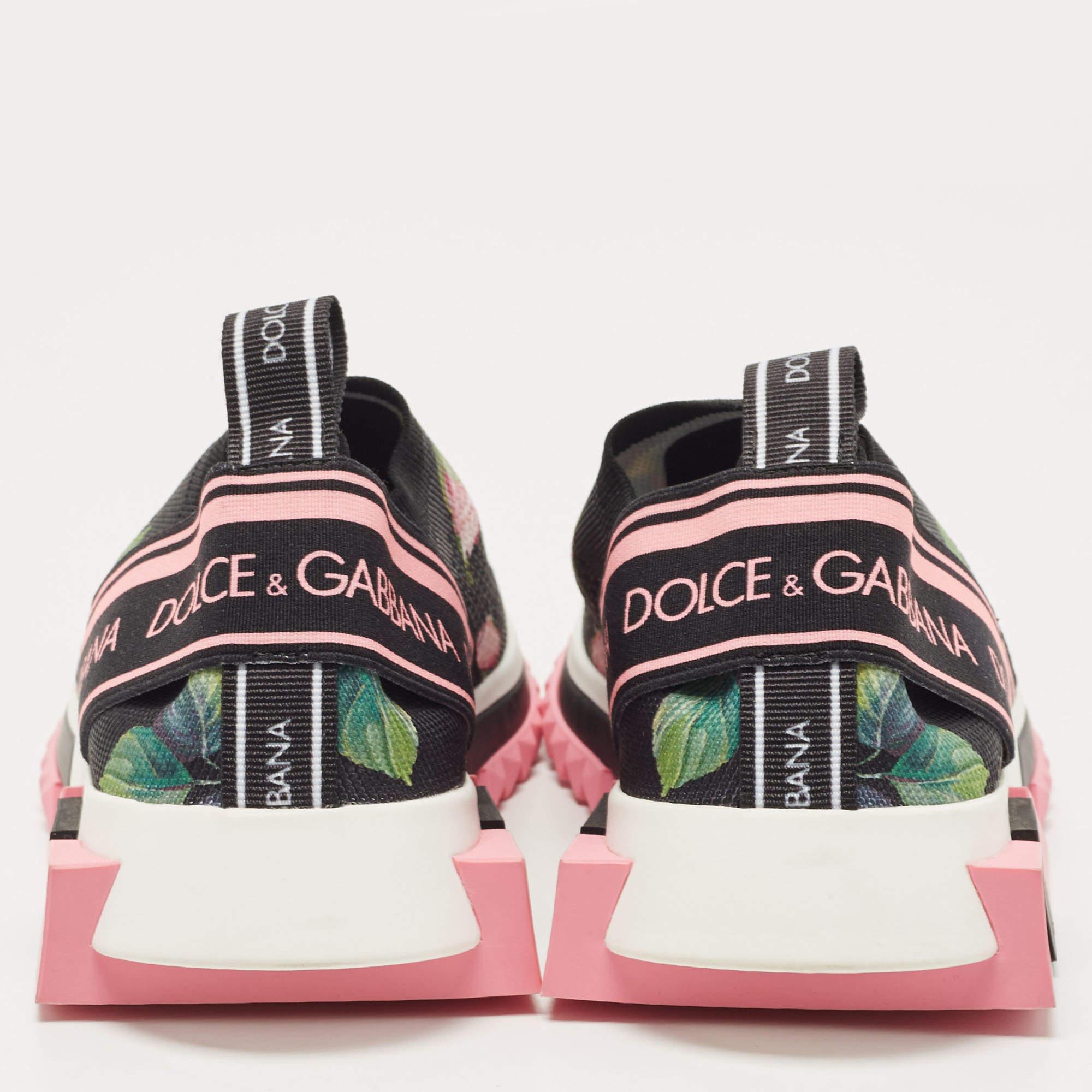 Dolce & Gabbana Black Knit Fabric Tropical Rose Print Sorrento Slip On Sneakers  In Excellent Condition In Dubai, Al Qouz 2