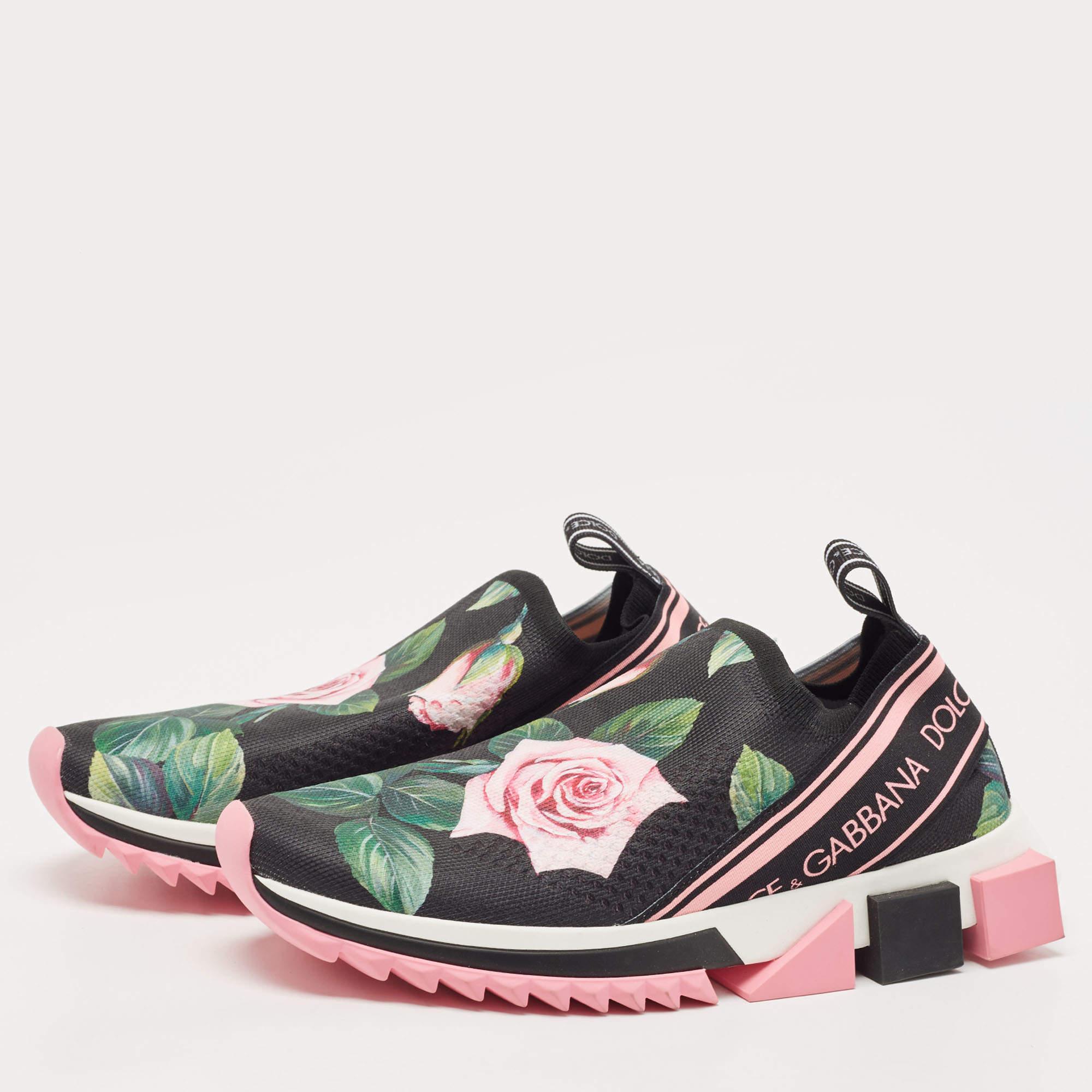 Women's Dolce & Gabbana Black Knit Fabric Tropical Rose Print Sorrento Slip On Sneakers 