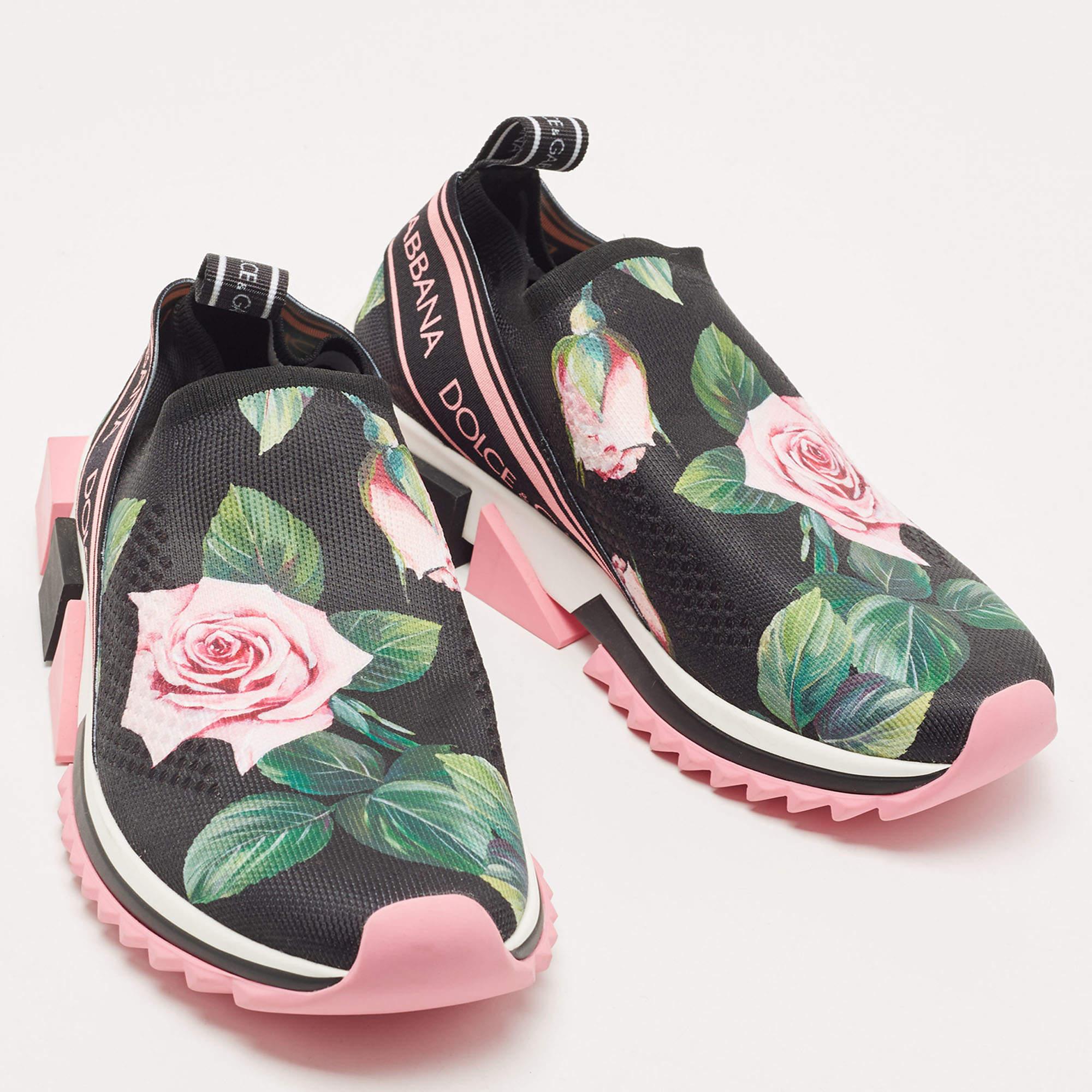 Dolce & Gabbana Black Knit Fabric Tropical Rose Print Sorrento Slip On Sneakers  1