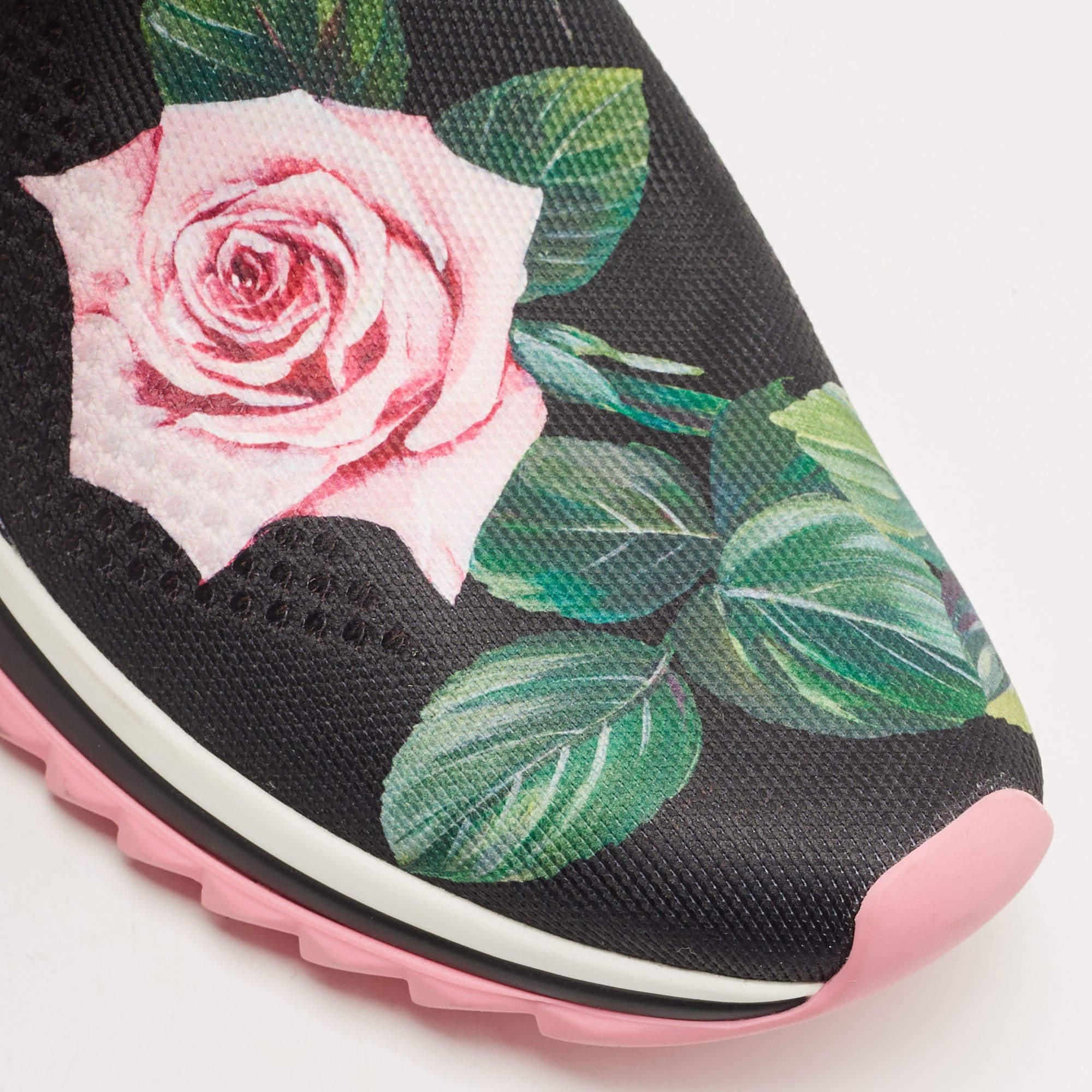 Dolce & Gabbana Black Knit Fabric Tropical Rose Print Sorrento Slip On Sneakers  3
