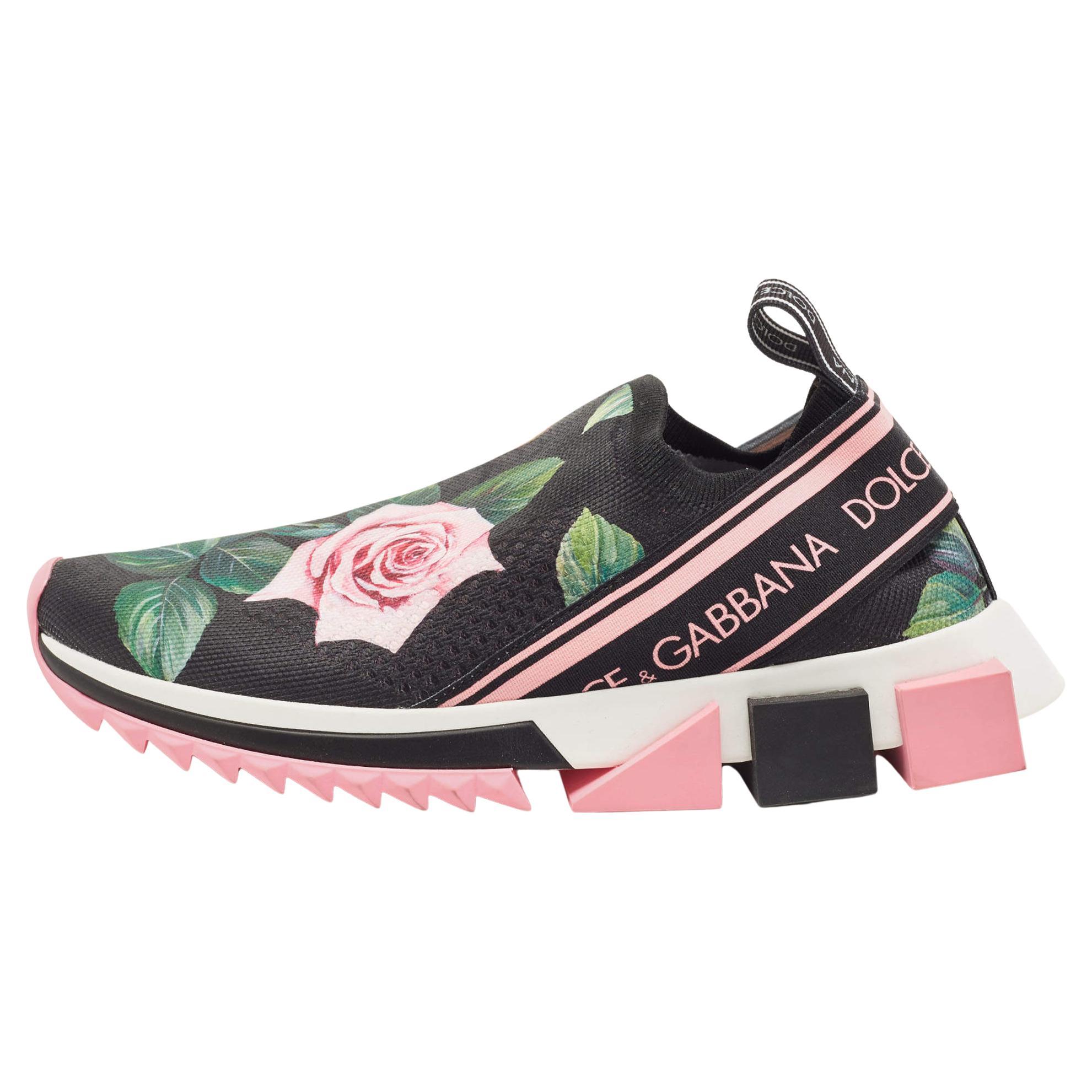 Dolce & Gabbana Black Knit Fabric Tropical Rose Print Sorrento Slip On Sneakers 