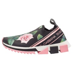 Dolce & Gabbana Black Knit Fabric Tropical Rose Print Sorrento Slip On Sneakers 