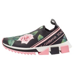 Dolce & Gabbana Black Knit Fabric Tropical Rose Print Sorrento Slip On Sneakers