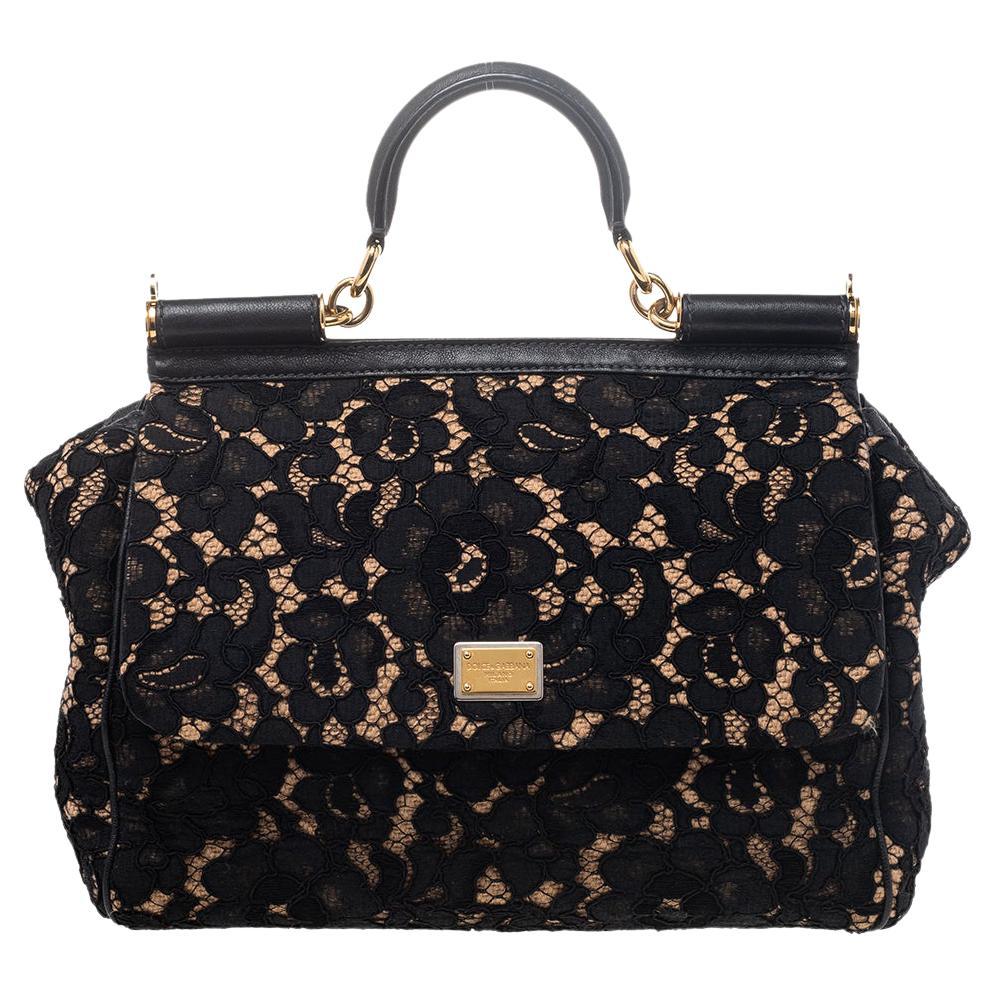 Dolce & Gabbana Black Lace And Leather Medium Miss Sicily Top Handle Bag