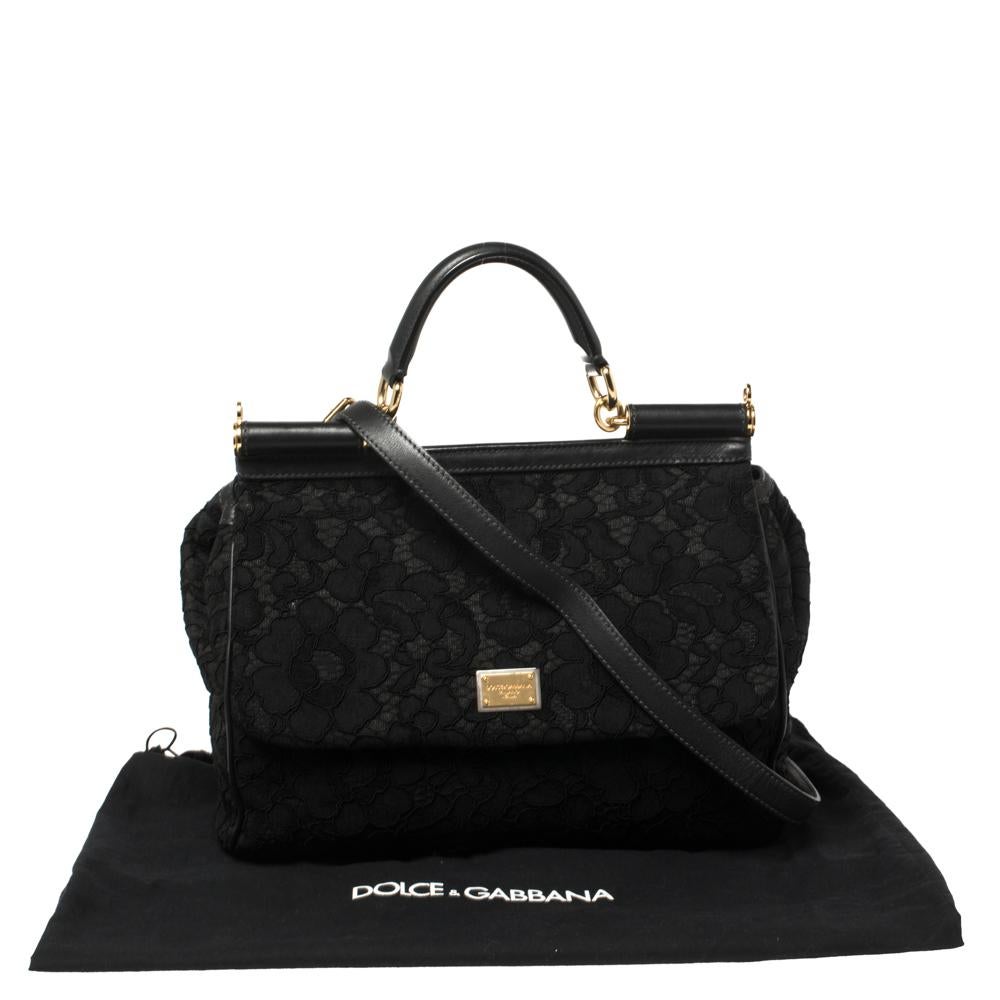 Dolce & Gabbana Black Lace and Leather Miss Sicily Top Handle Bag 7