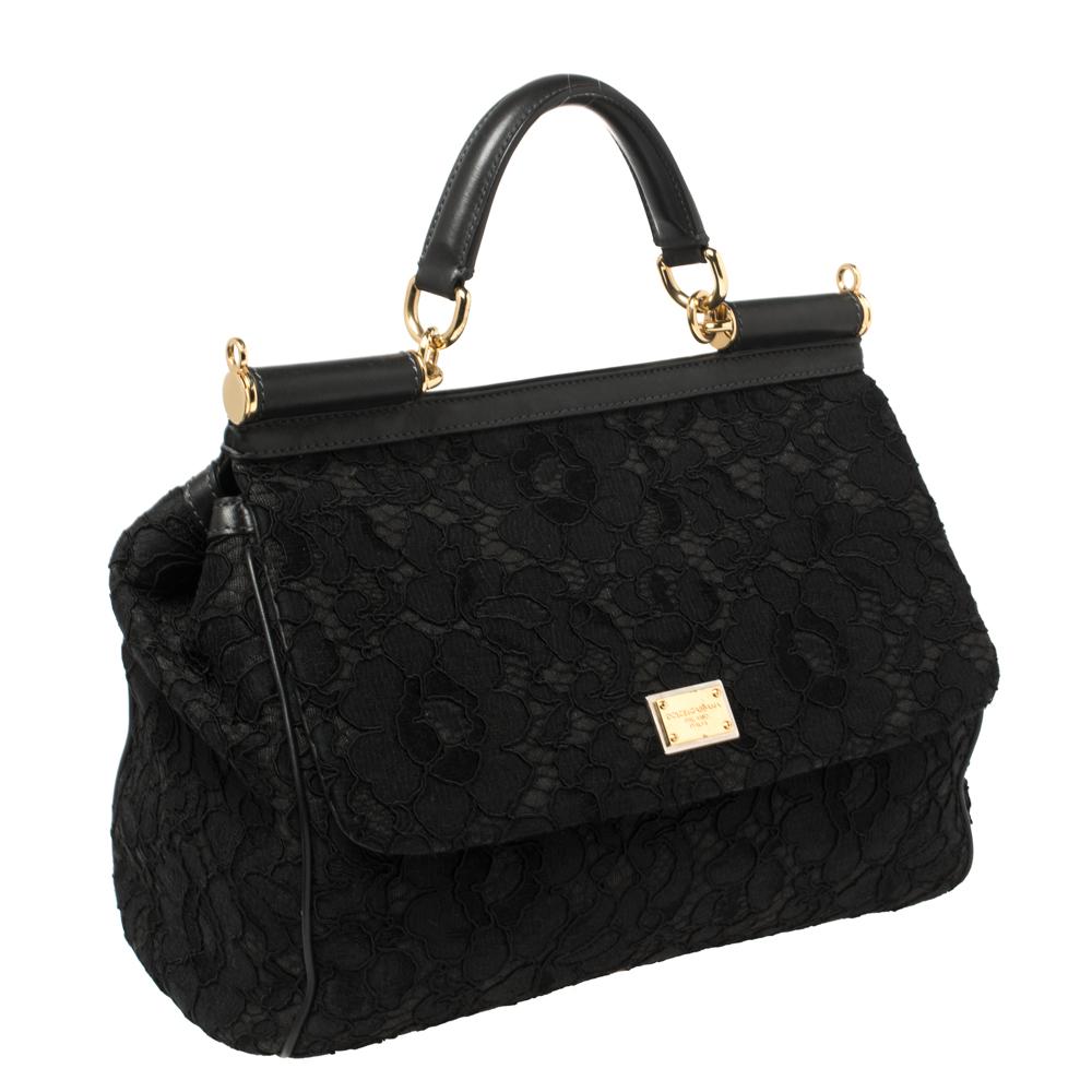 Women's Dolce & Gabbana Black Lace and Leather Miss Sicily Top Handle Bag