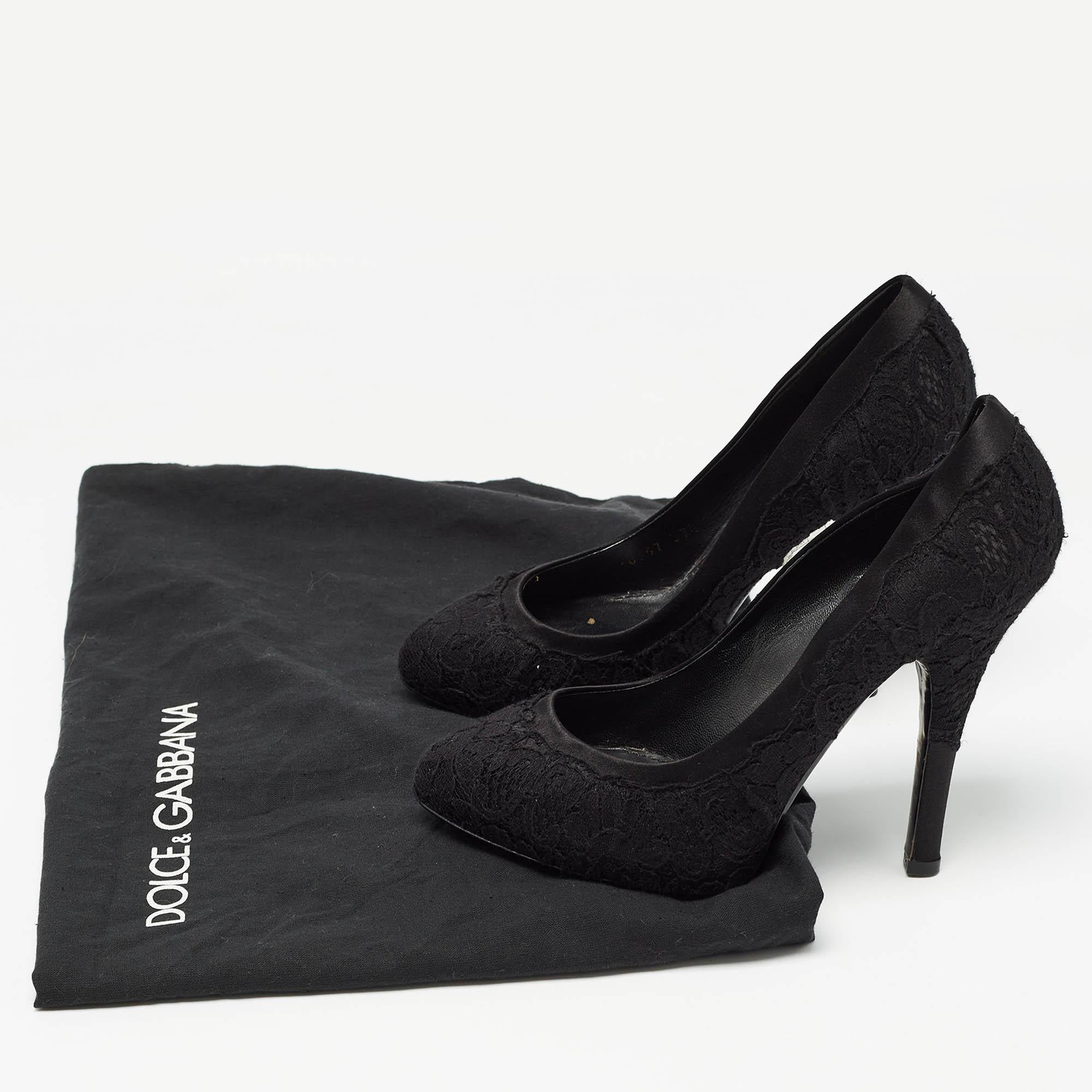 Dolce & Gabbana Black Lace and Satin Round Toe Pumps Size 37.5 For Sale 6