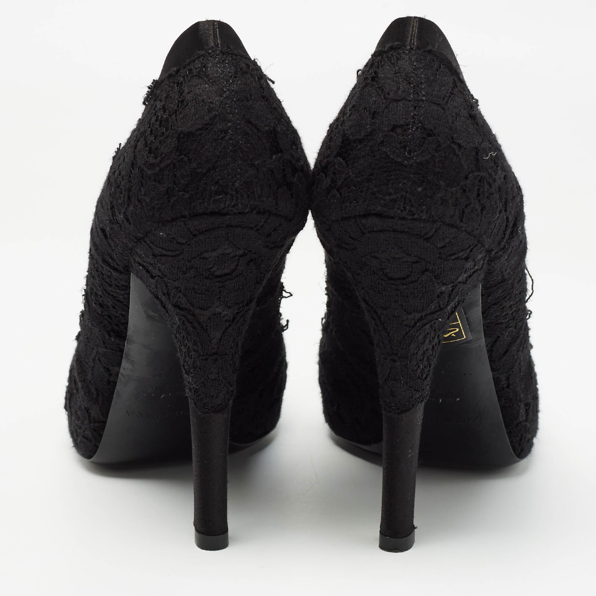 Dolce & Gabbana Black Lace and Satin Round Toe Pumps Size 37.5 For Sale 1
