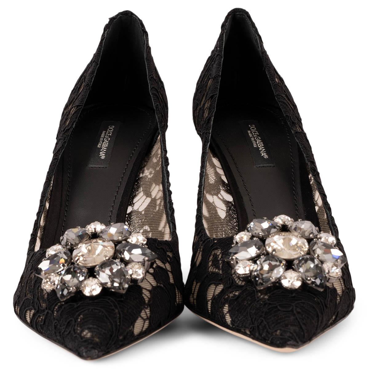 100% authentic Dolce & Gabbana Bellucci pumps in black intricate floral lace and adorned with dazzling crystal embellishment to the toe for a show-stopping finish. Have been worn once inside and are in virtually new condition.