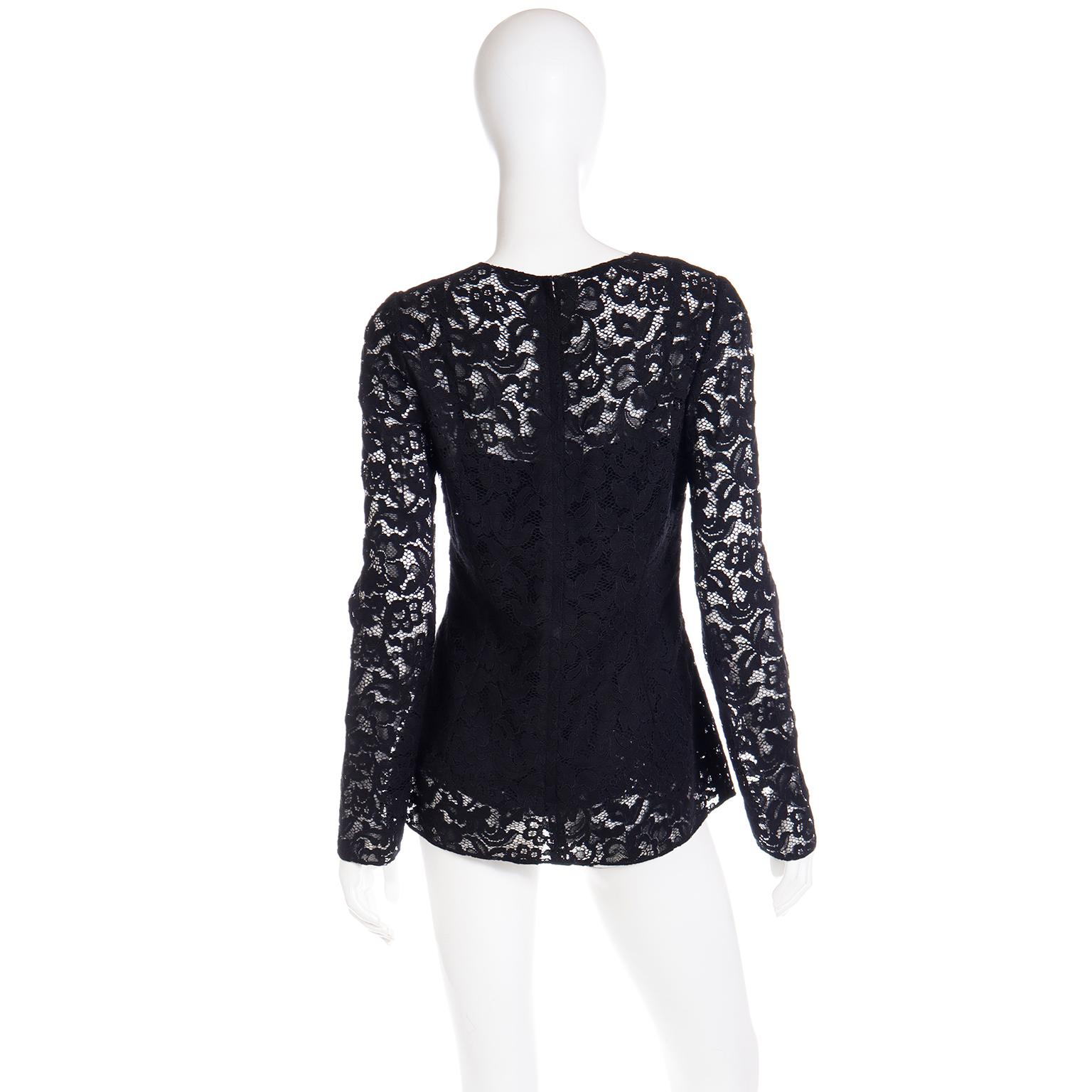 Dolce & Gabbana Black Lace Blouse Top With Long Sleeves & Built in Camisole In Excellent Condition For Sale In Portland, OR