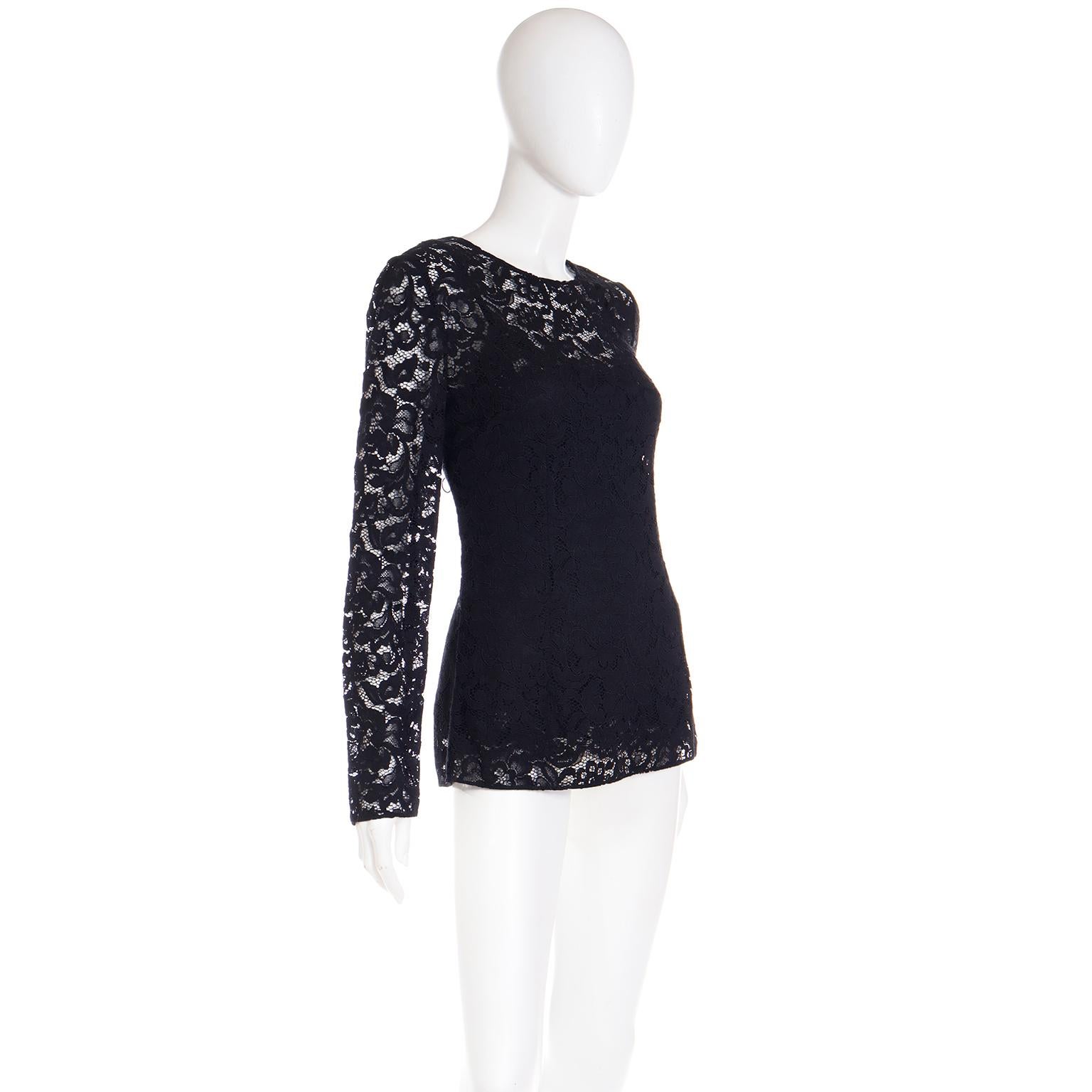 Women's Dolce & Gabbana Black Lace Blouse Top With Long Sleeves & Built in Camisole For Sale