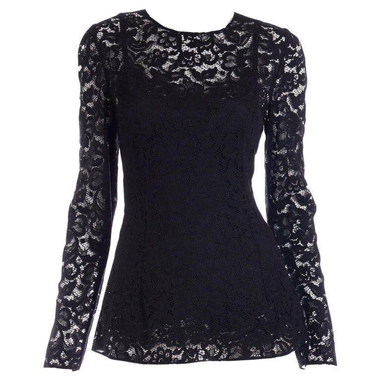 Dolce and Gabbana Black Lace Blouse Top With Long Sleeves and Built in ...