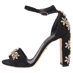 Dolce 
Gabbana Black Lace Crystal Embellished Block Heel Sandals Size 36