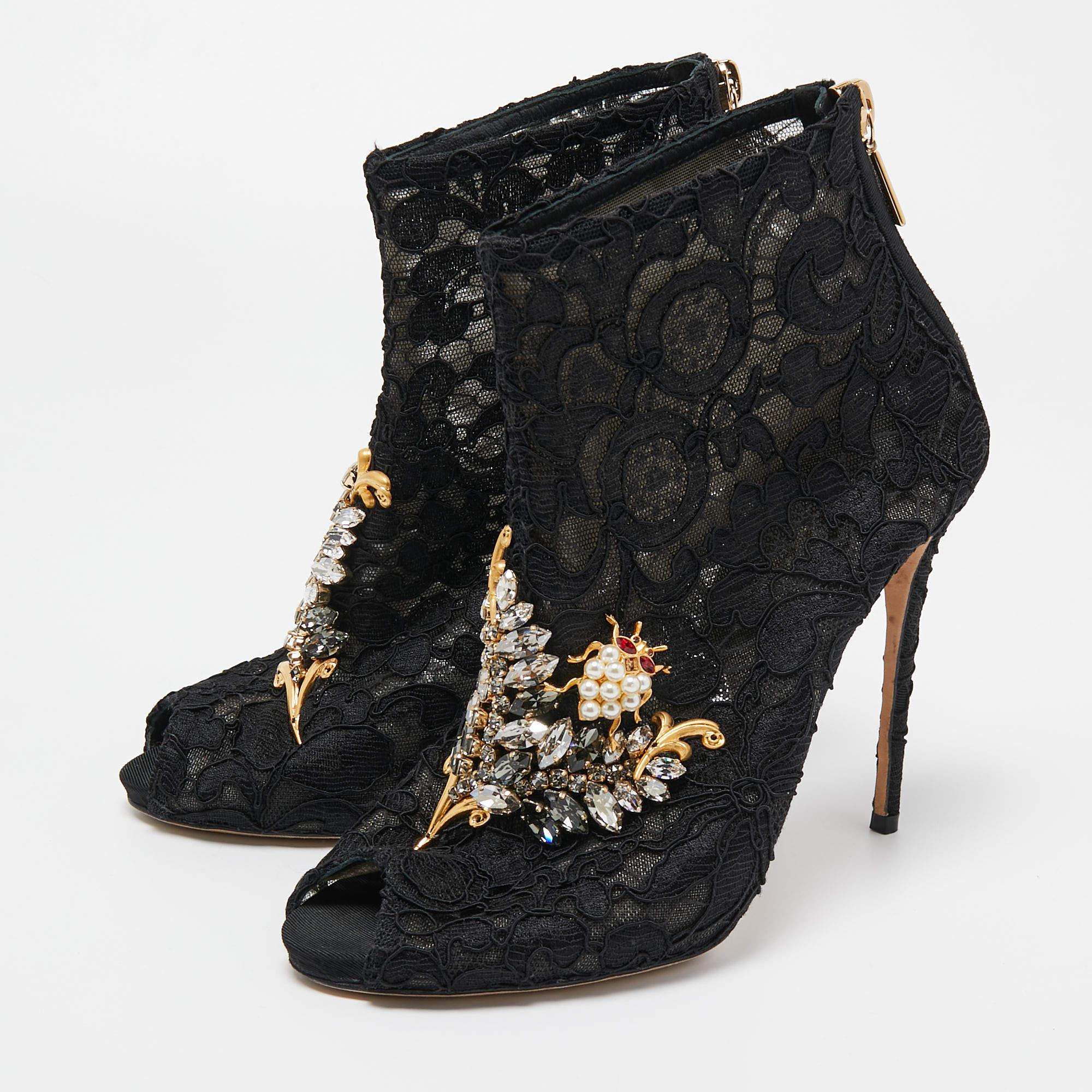 Women's Dolce & Gabbana Black Lace Crystal Embellished Peep Toe Booties Size 37.5 For Sale