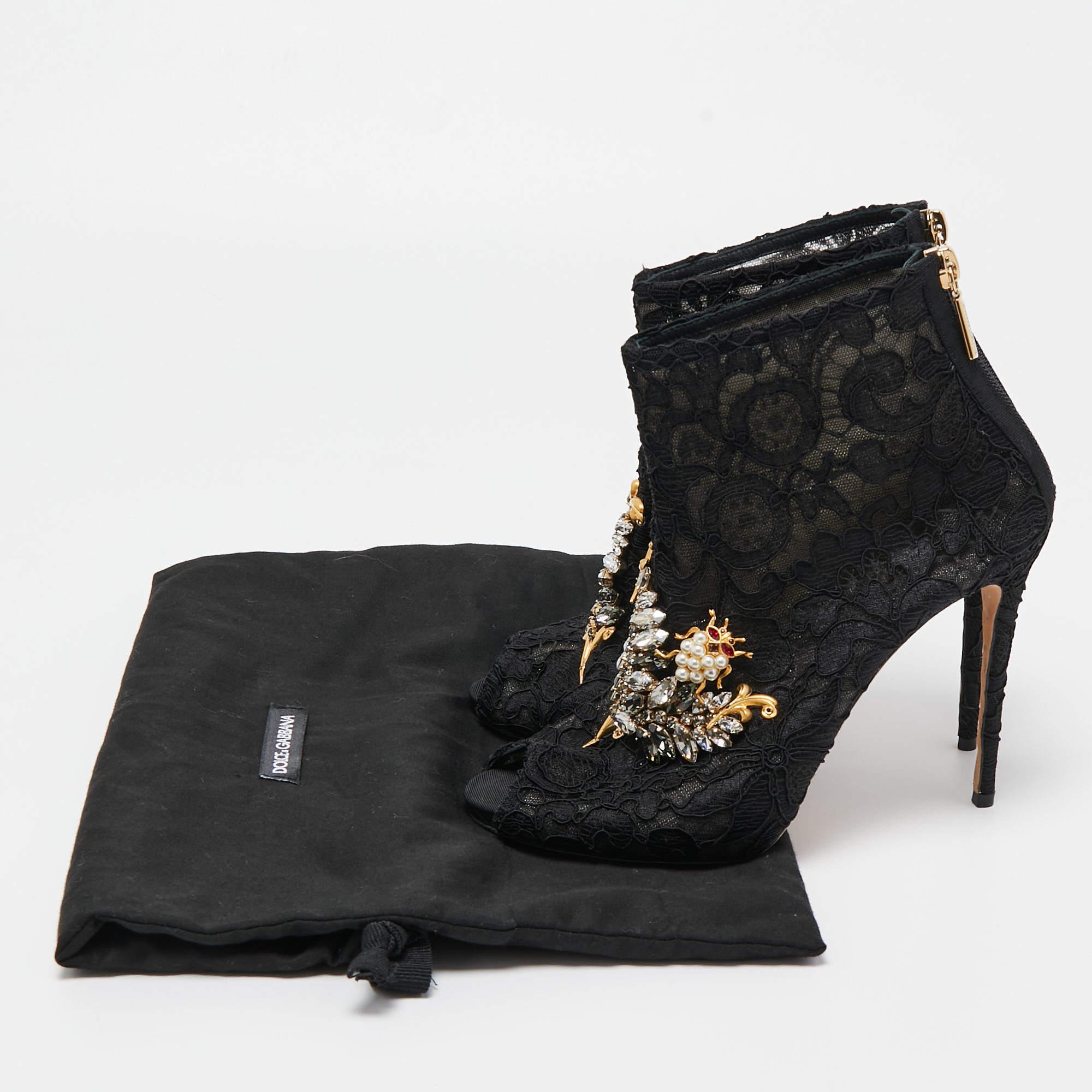 Dolce & Gabbana Black Lace Crystal Embellished Peep Toe Booties Size 37.5 For Sale 4