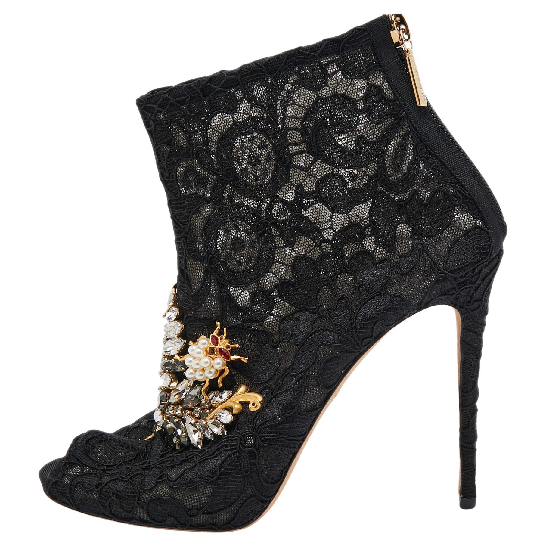 Dolce & Gabbana Black Lace Crystal Embellished Peep Toe Booties Size 37.5 For Sale