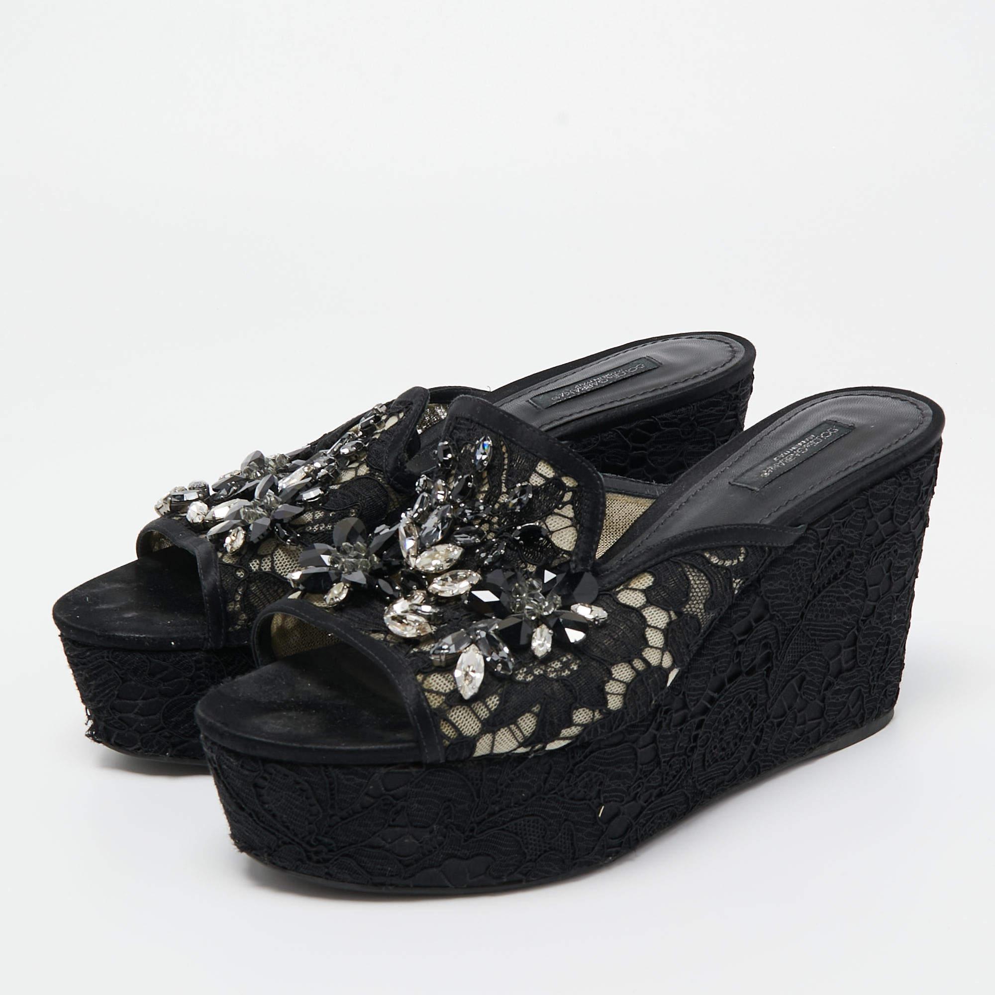 Women's Dolce & Gabbana Black Lace Crystal Embellished Platform Wedge Slide Sandals Size For Sale