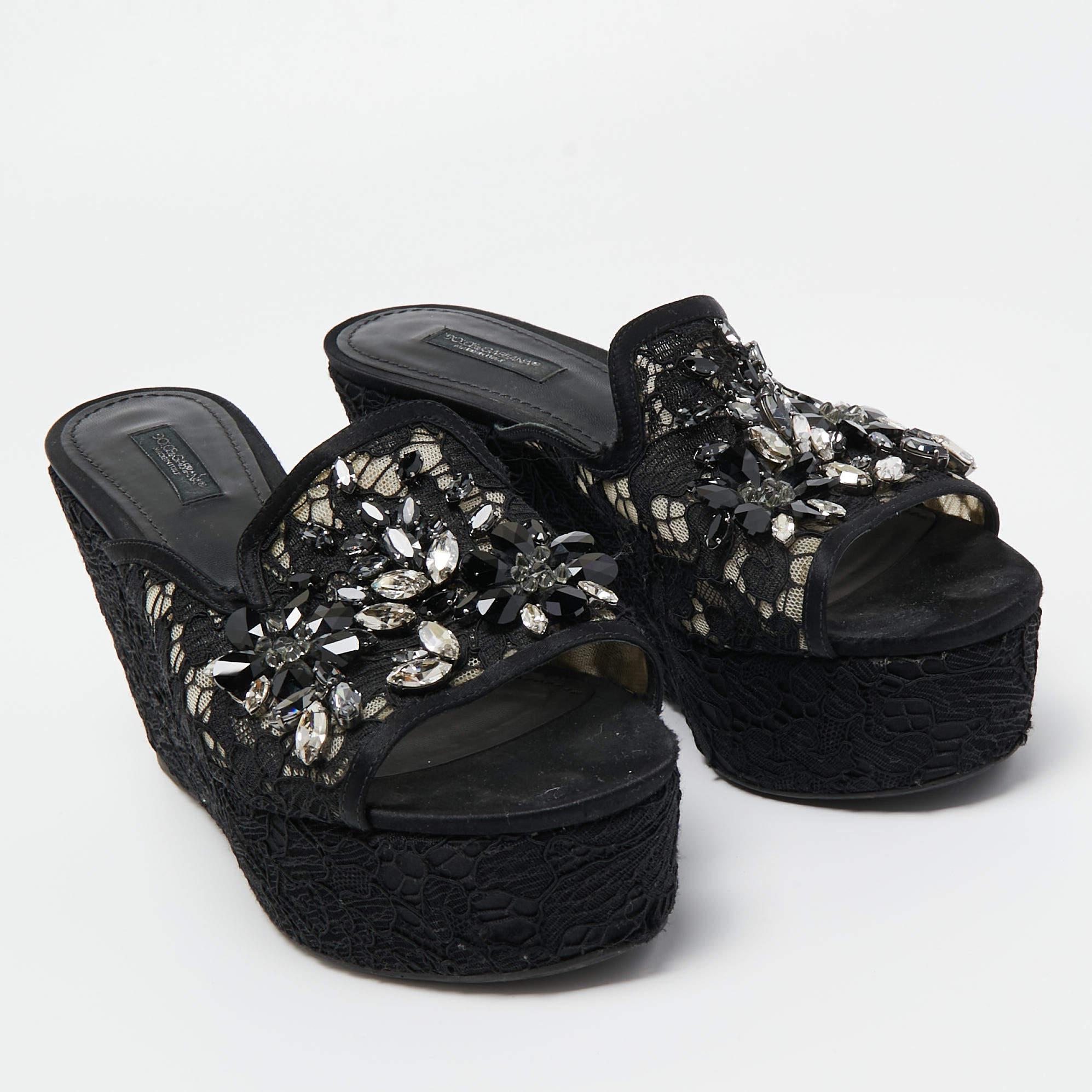 Dolce & Gabbana Black Lace Crystal Embellished Platform Wedge Slide Sandals Size For Sale 1