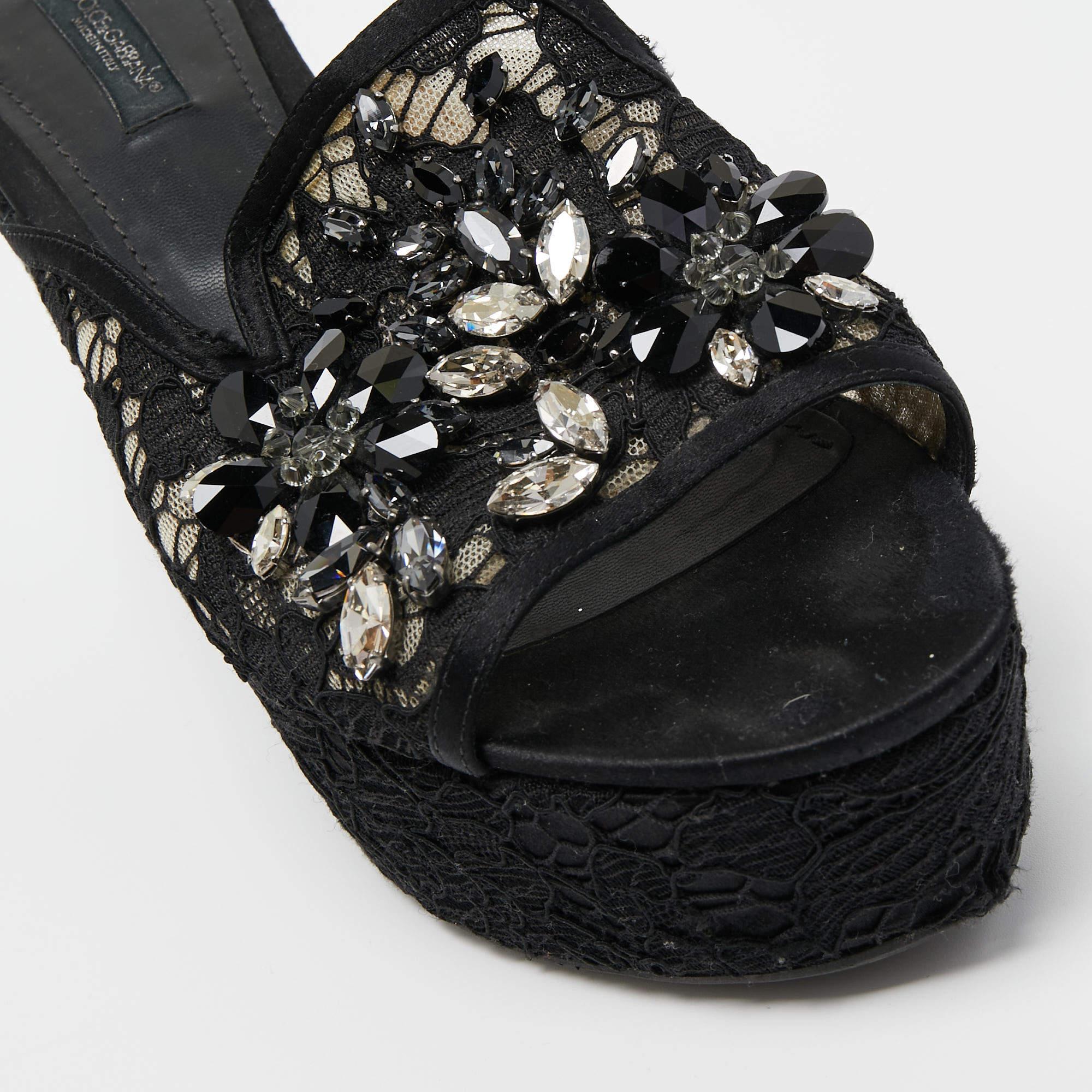 Dolce & Gabbana Black Lace Crystal Embellished Platform Wedge Slide Sandals Size For Sale 2