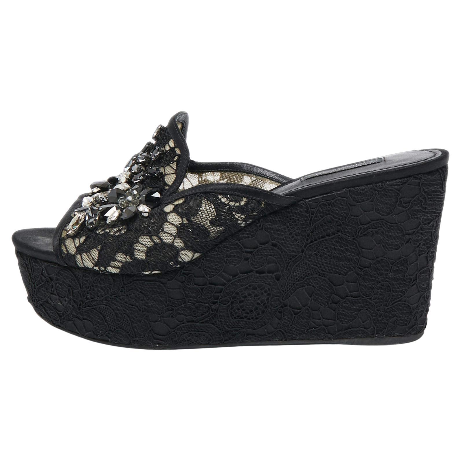 Dolce & Gabbana Black Lace Crystal Embellished Platform Wedge Slide Sandals Size For Sale