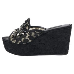 Dolce & Gabbana Black Lace Crystal Embellished Platform Wedge Slide Sandals Size