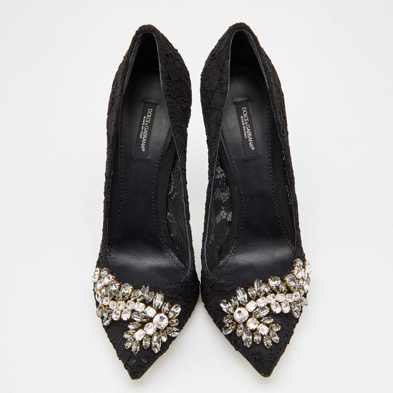 Dolce & Gabbana is well-known for its graceful designs, and the label is synonymous with opulence, femininity, and elegance. These pumps are crafted from lace in a black shade into a pointed toe silhouette augmented by the embellishments perched on