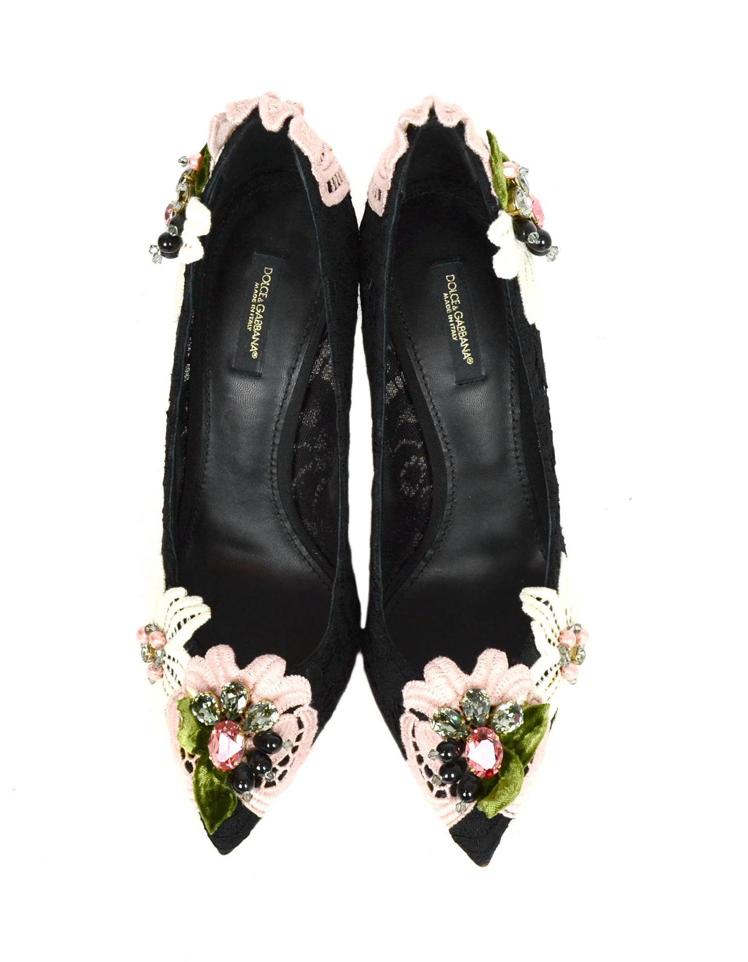 Dolce and Gabbana Black Lace Decollete Pizzo Catania Floral Applique Pumps  sz 39.5 For Sale at 1stDibs