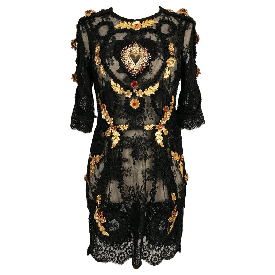 Dolce 
Gabbana Black Lace Dress with Gold Trimmings and Metal