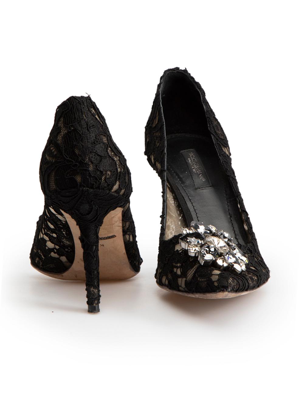 Dolce & Gabbana Black Lace Embellished Pumps Size IT 37.5 In Good Condition In London, GB