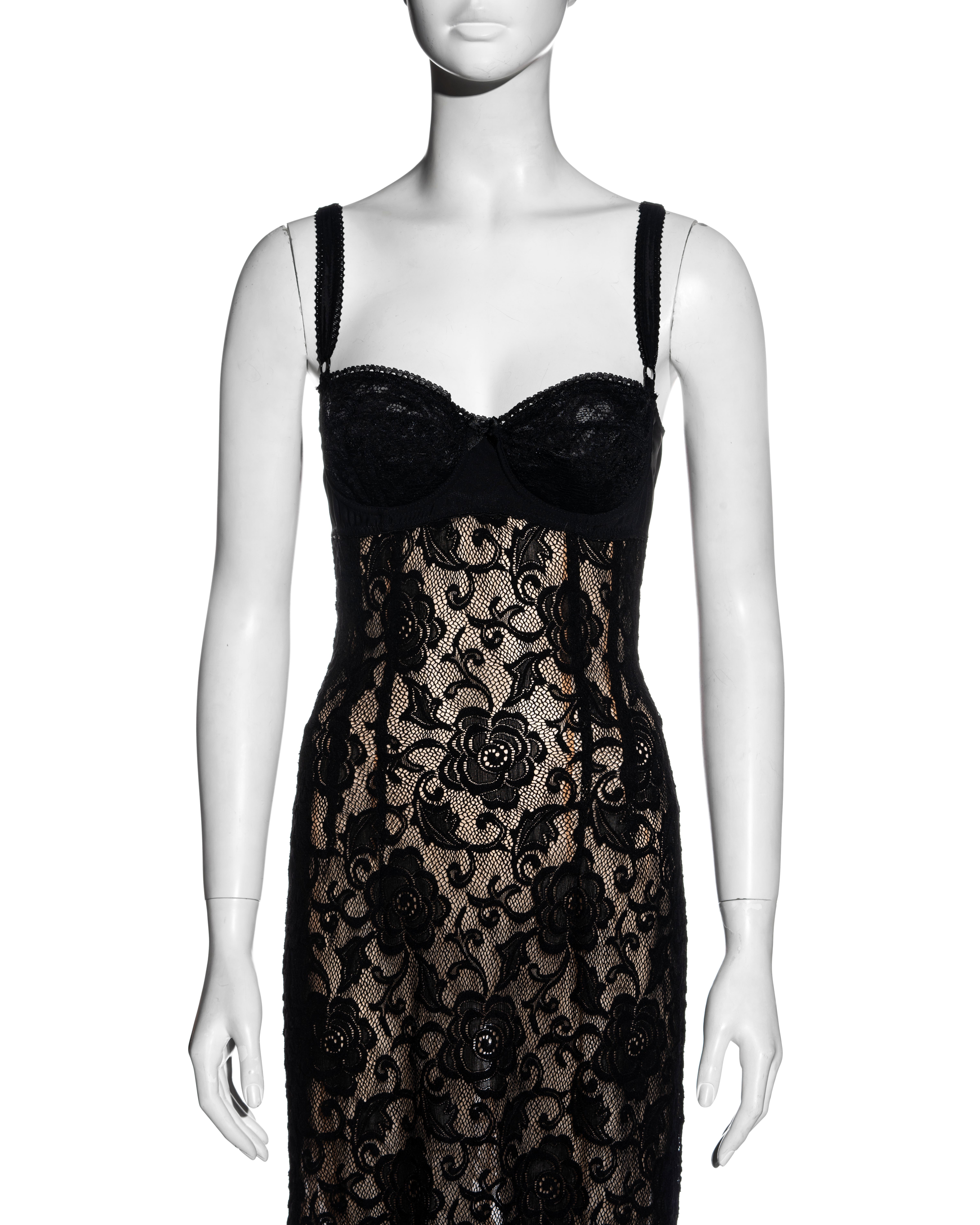 Black Dolce & Gabbana black lace evening dress with attached bra, ss 1997