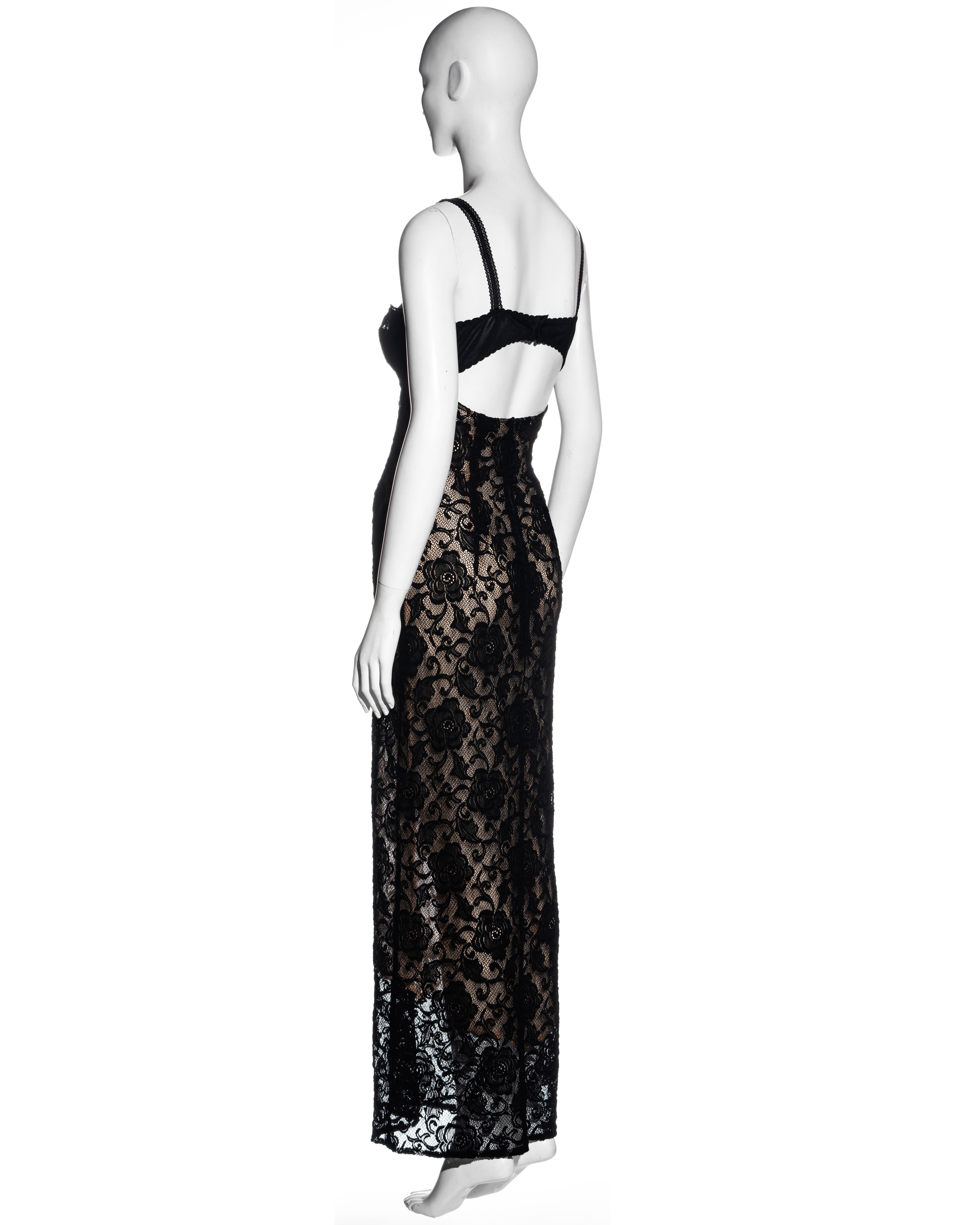 Women's Dolce & Gabbana black lace evening dress with attached bra, ss 1997