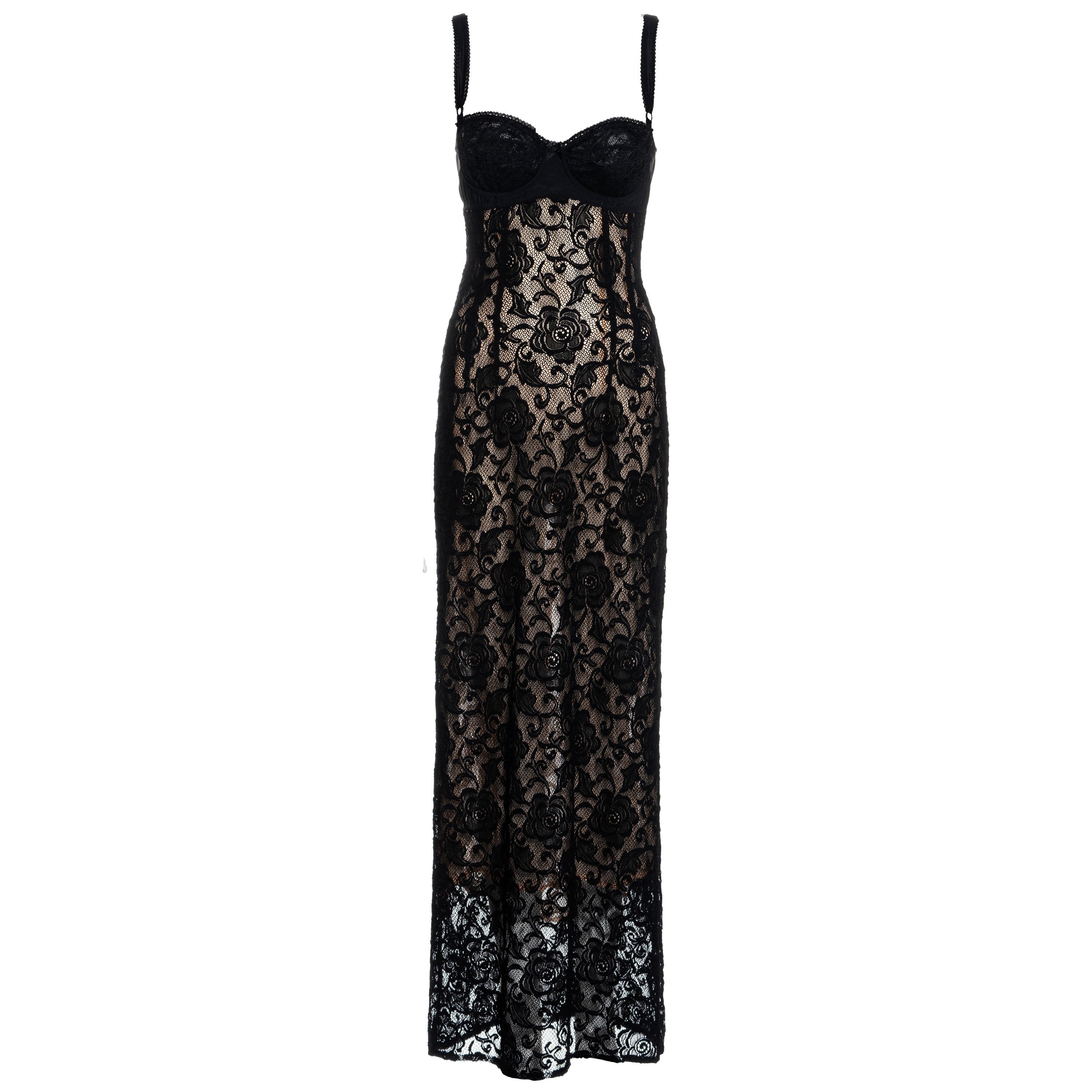 Dolce & Gabbana black lace evening dress with attached bra, ss 1997 For Sale