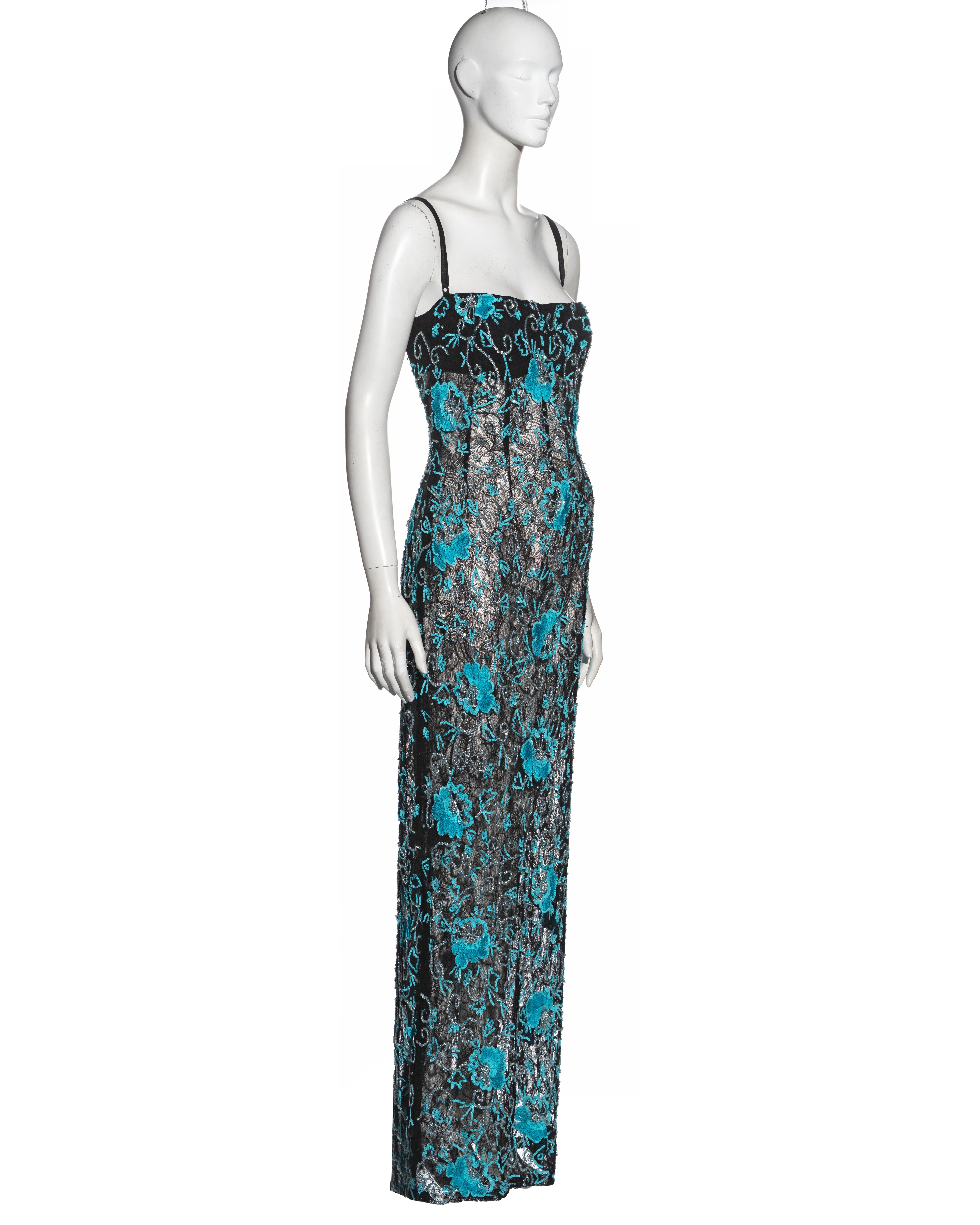Dolce & Gabbana black lace evening dress with turquoise embroidery, fw 1999 In Excellent Condition In London, GB