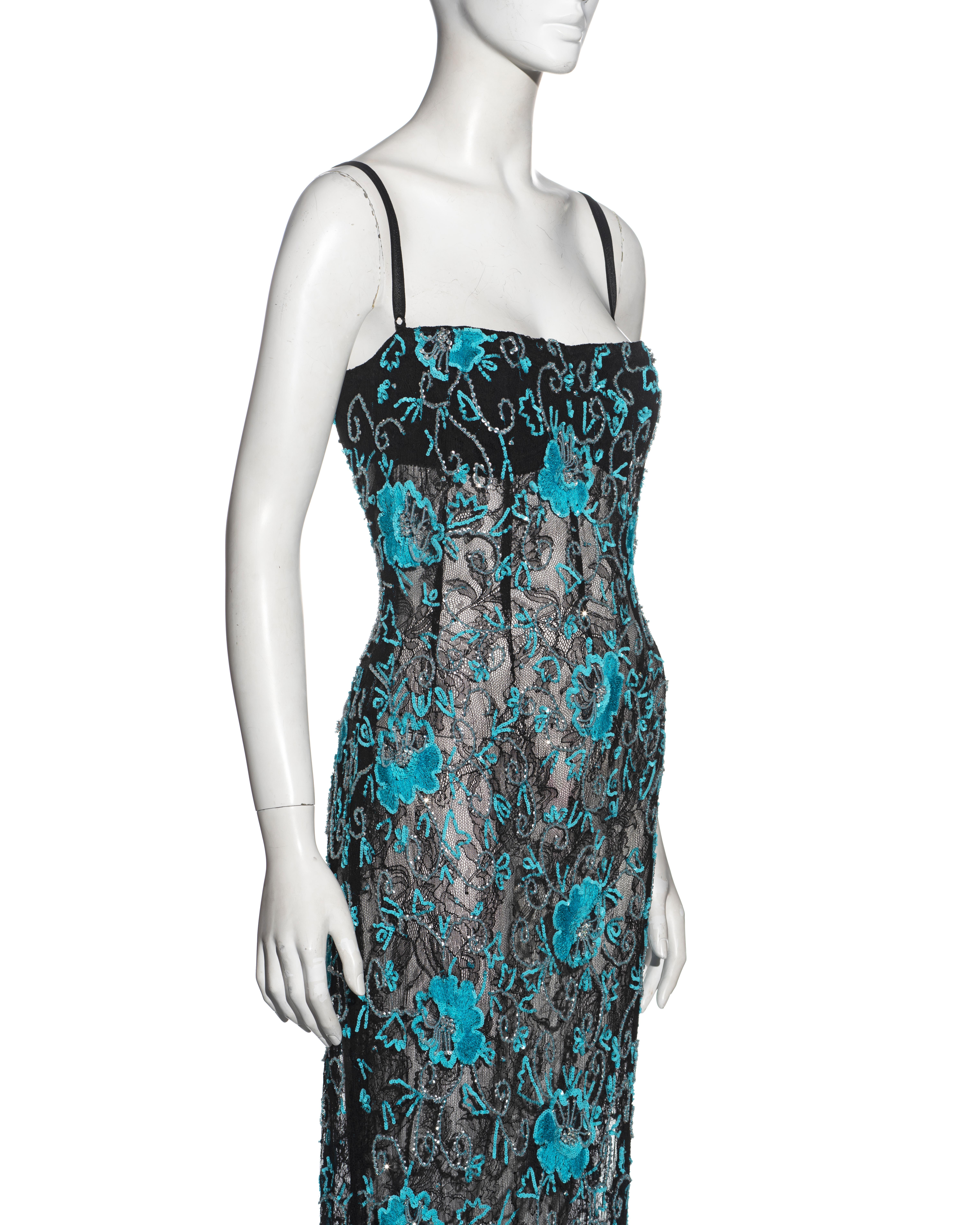 Women's Dolce & Gabbana black lace evening dress with turquoise embroidery, fw 1999