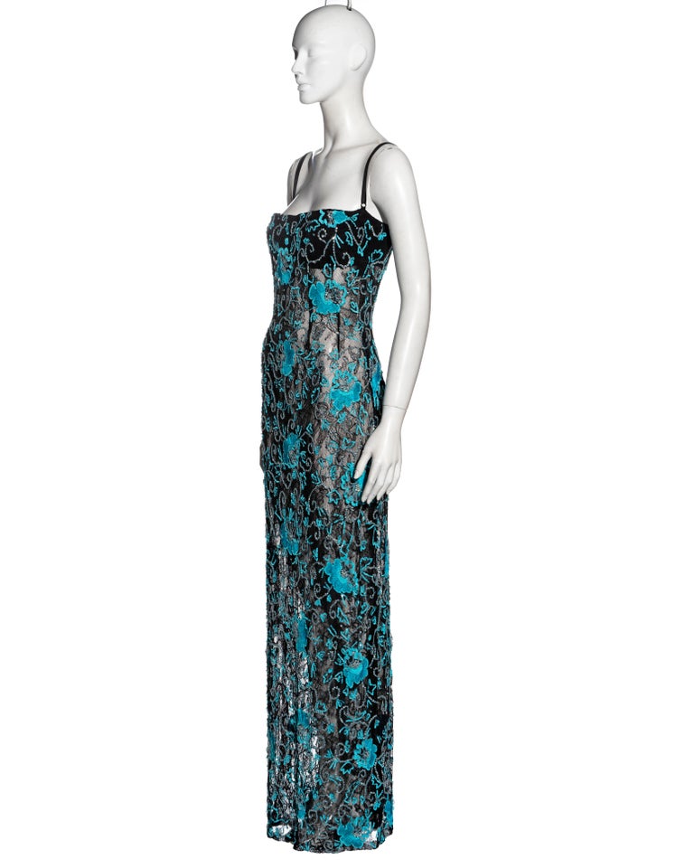 Dolce and Gabbana black lace evening dress with turquoise embroidery, fw  1999 at 1stDibs