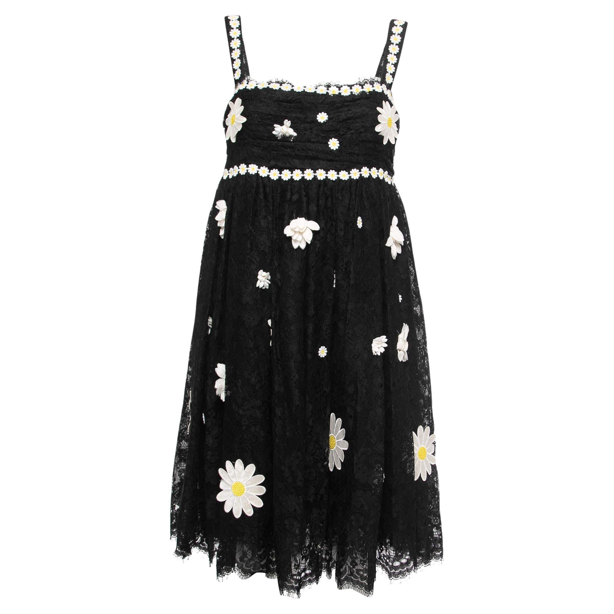 Dolce and Gabbana Black Lace Floral Applique Mini Dress M For Sale at