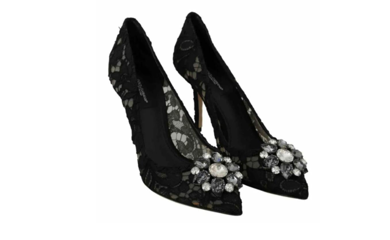 Dolce & Gabbana Black Lace Floral Pumps Heels Shoes Gray Crystals Leather In New Condition In WELWYN, GB