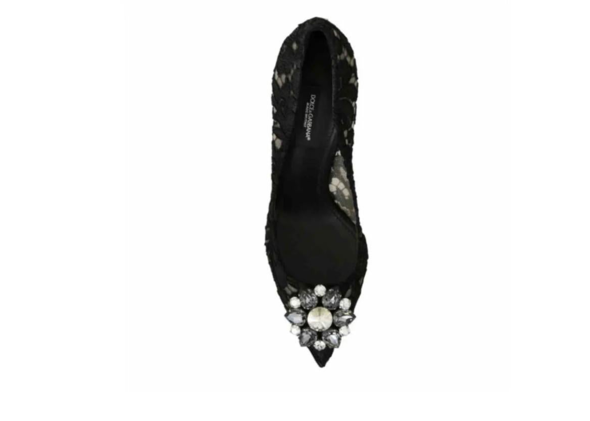 Dolce & Gabbana Black Lace Floral Pumps Heels Shoes Gray Crystals Leather 1