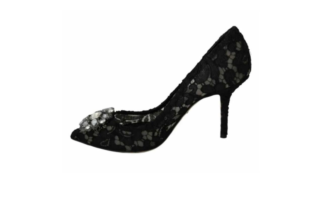 Dolce & Gabbana Black Lace Floral Pumps Heels Shoes Gray Crystals Leather 2