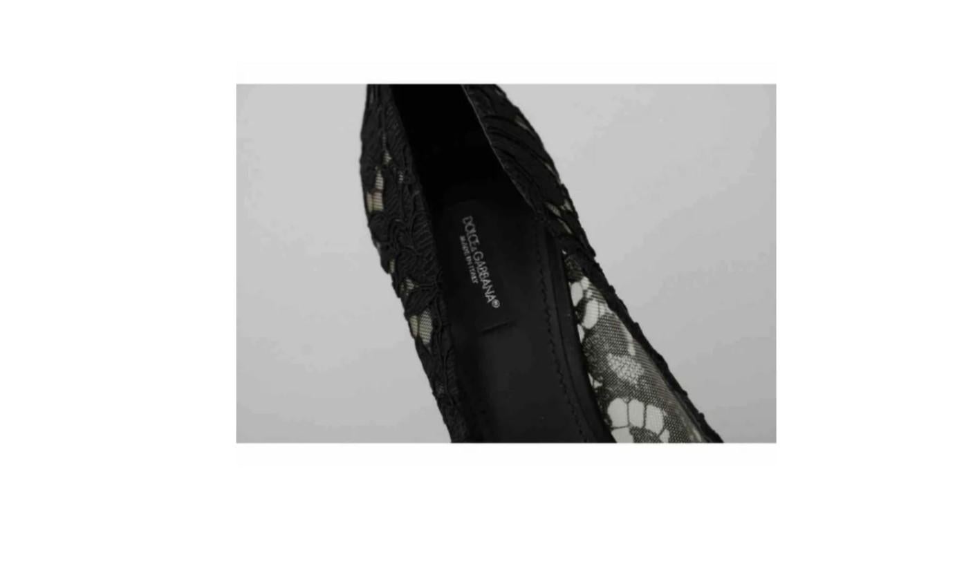 Dolce & Gabbana Black Lace Floral Pumps Heels Shoes Gray Crystals Leather 3