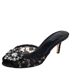 Dolce & Gabbana Black Lace Keria Crystal Embellished Slide Sandals Size 40